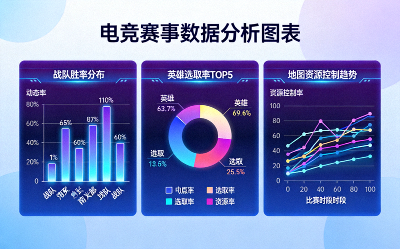 电竞赛事数据分析图表可视化展示 - 战队胜率、英雄选取率与地图资源控制动态图