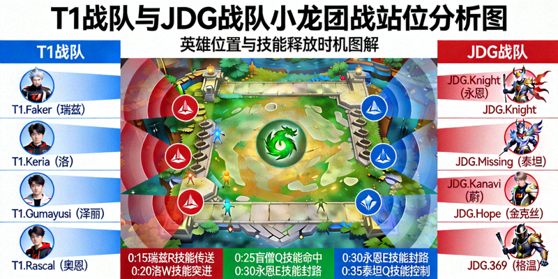 T1战队与JDG战队小龙团战站位分析图 - 英雄位置与技能释放时机图解