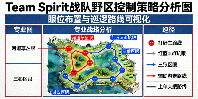 Team Spirit战队野区控制策略分析图 - 眼位布置与巡逻路线可视化