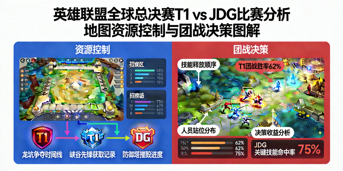 英雄联盟全球总决赛T1战队对阵JDG战队比赛分析 - 地图资源控制与团战决策图解