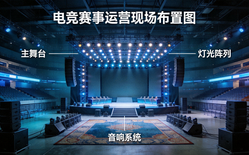 电竞赛事运营现场布置图 - 大型场馆舞台灯光音响设备