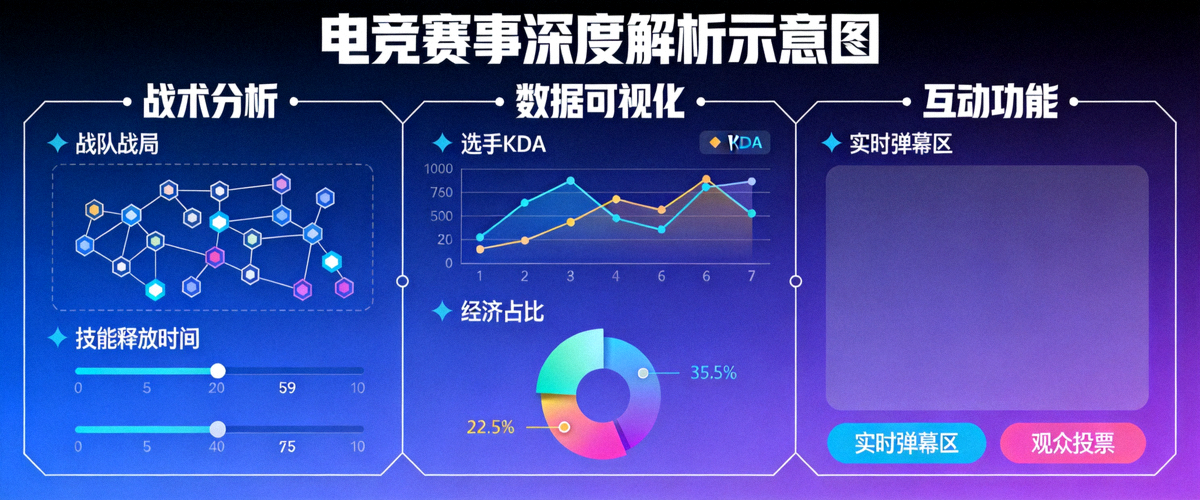 电竞赛事深度解析示意图 - 战术分析、数据可视化与互动功能集成界面