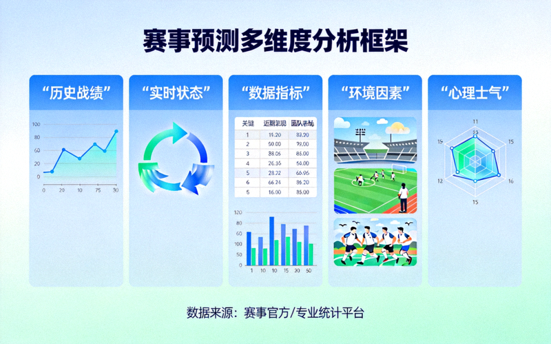 赛事预测多维度分析框架图解 - 展示历史战绩、实时状态、数据指标、环境因素和心理士气五个分析维度