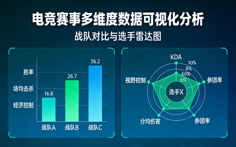 电竞赛事多维度数据可视化分析图表展示 - 战队对比与选手雷达图