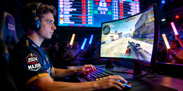 CS:GO 2024 Major锦标赛现场 - 职业选手专注比赛画面
