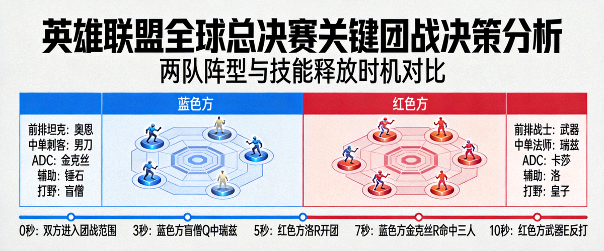 英雄联盟全球总决赛关键团战决策分析 - 两队团战阵型与技能释放时机对比图