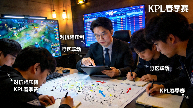 KPL战队战术部署与训练场景 - 教练组与选手进行战术讨论分析