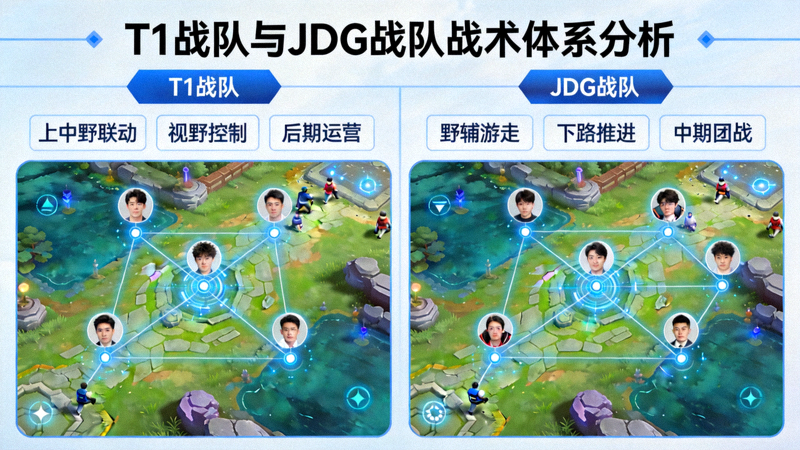 T1战队与JDG战队选手比赛画面对比 - 战术体系分析示意图