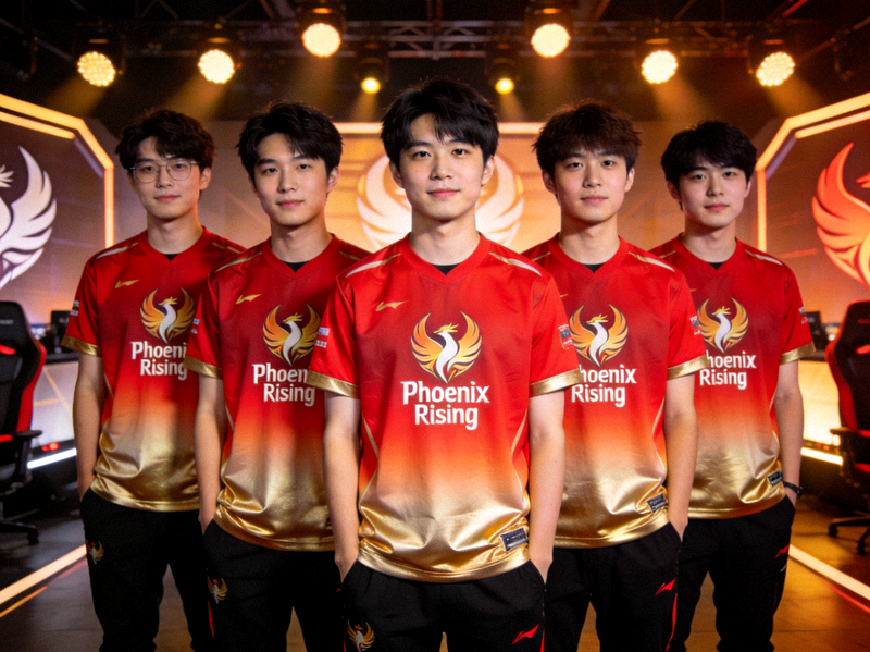 Phoenix Rising战队全体成员合影 - 五位年轻选手身着统一队服充满自信