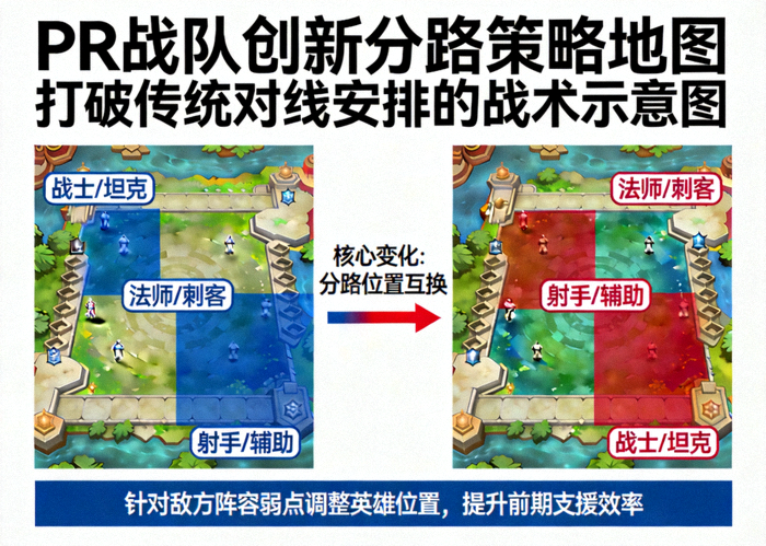 PR战队创新分路策略地图 - 打破传统对线安排的战术示意图