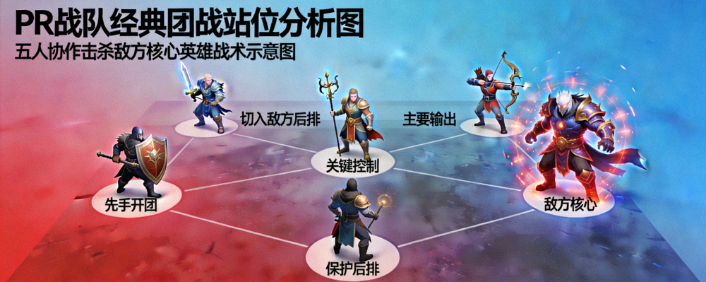 PR战队经典团战站位分析图 - 五人协作击杀敌方核心英雄的战术示意图
