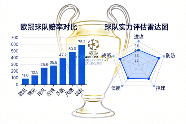 赔率对比柱状图与球队实力雷达图，背景为欧冠奖杯剪影
