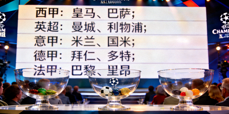 欧冠抽签仪式现场大屏幕展示对阵结果 - 五大联赛球队分组情况