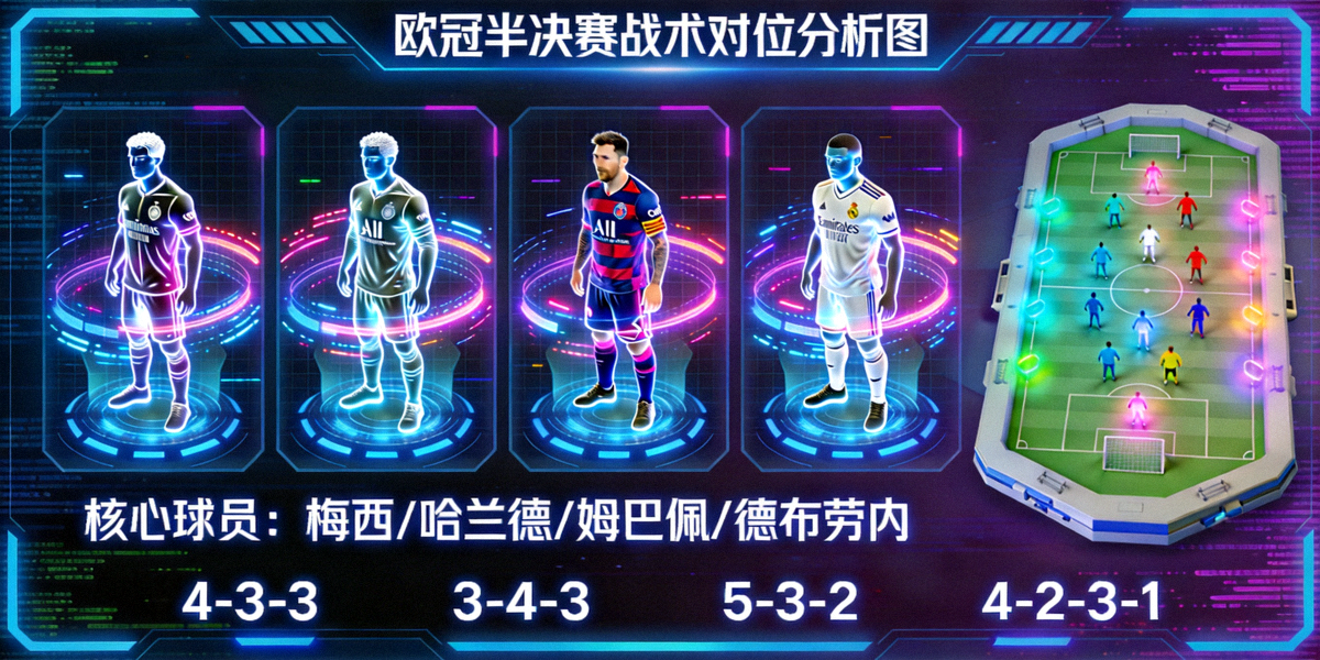 欧冠半决赛战术对位分析图 - 四支球队核心球员与阵型博弈的赛博风格视觉呈现