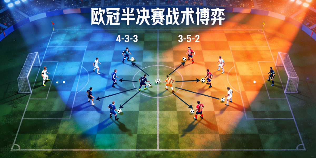 欧冠半决赛战术博弈概念图 - 足球场上的光影棋盘与双方阵型对抗示意图